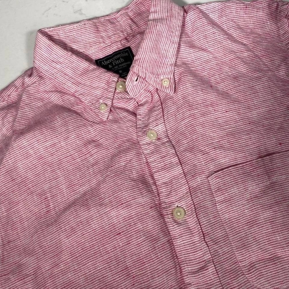 Abercrombie & Fitch 100% Linen Button Down Shirt Mens Medium Pink Stripe